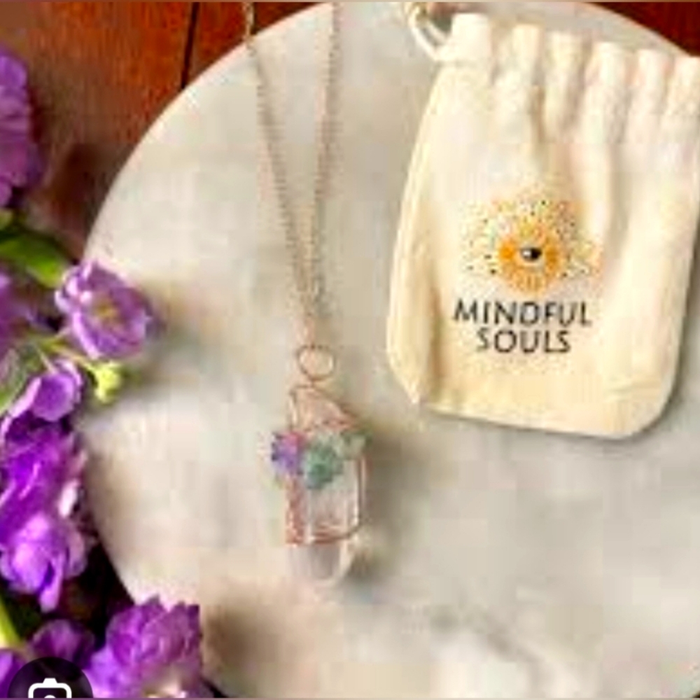 TREE OF LIFE, GOLD TONE WIRED, CRYSTAL QUARTZ, HAND-MADE, NECKLACE!